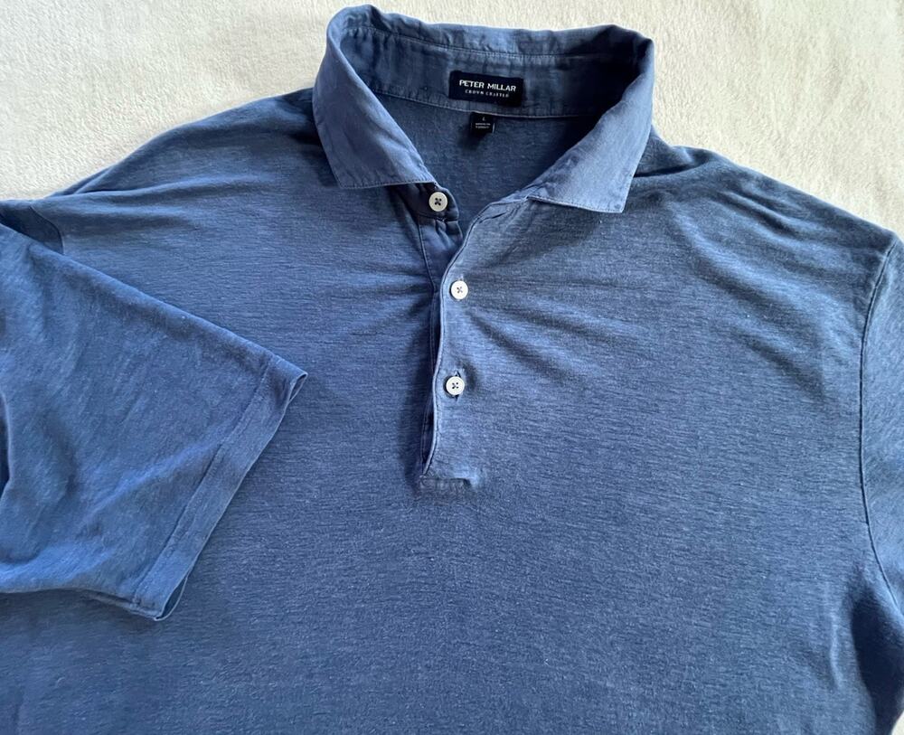 Peter Millar Crown Crafted Mens Large Blue 100% Linen Short Sleeve Polo Shirt